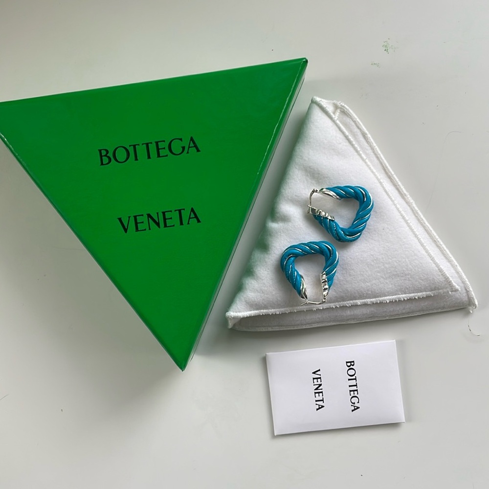 BOTTEGA VENETA Leather Twist Triangle Hoop Earrings Blue